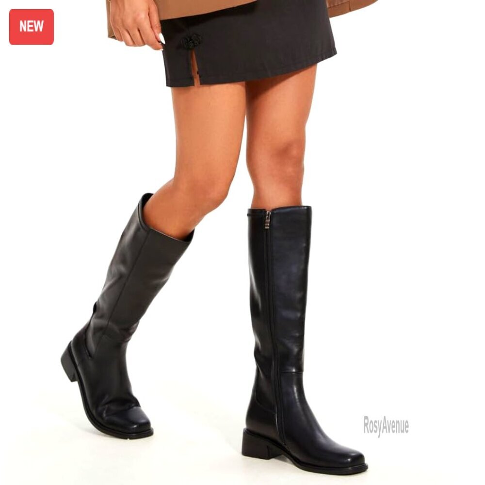 Knee High Faux Leather Boots Low Heel Square Toe Side Zipper Stretch Tall Boots - Picture 2 of 6